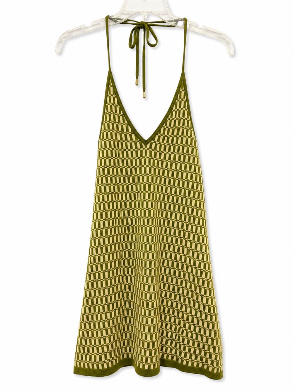 Cotton Candy Olive Green Check Halter Slip Dress